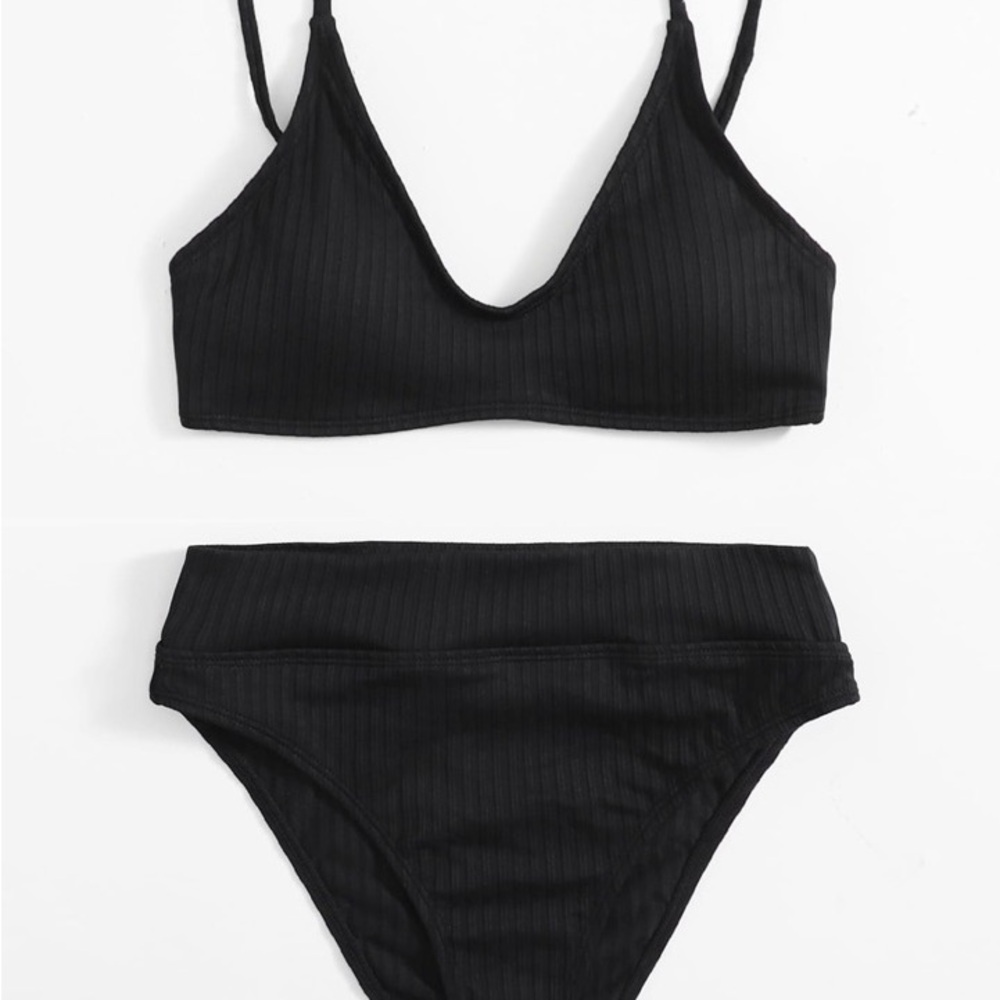 Black Ribbed High Waisted Bikini Set Size: Medium